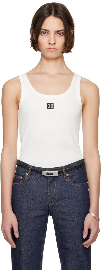 Tory Burch White Sleeveless Top With Round Neck And Logo Embroidery On The Front In Cotton Woman