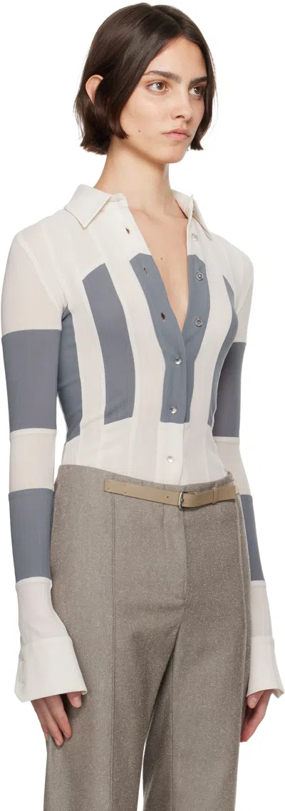 Tory Burch Off-white & Gray Wool Button Down Shirt In Chalk Gray