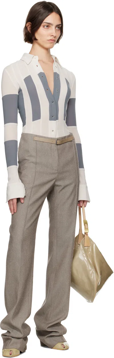 Tory Burch Off-white & Gray Wool Button Down Shirt In Chalk Gray