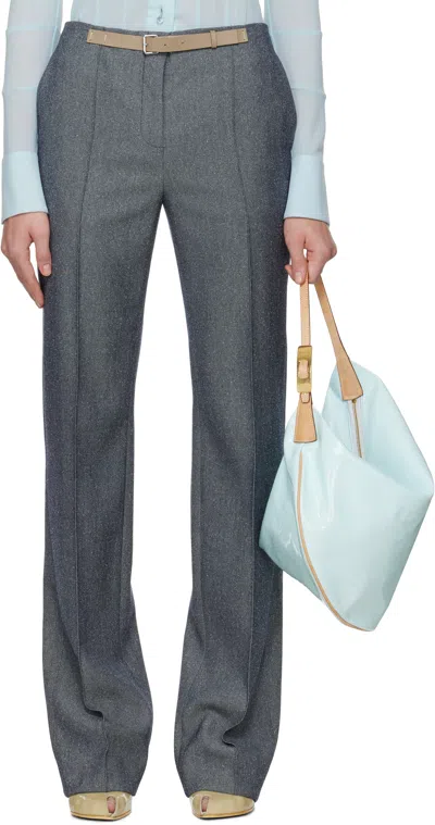 Tory Burch Gray High Waisted Wool Trousers In Squid Ink Ground/fro