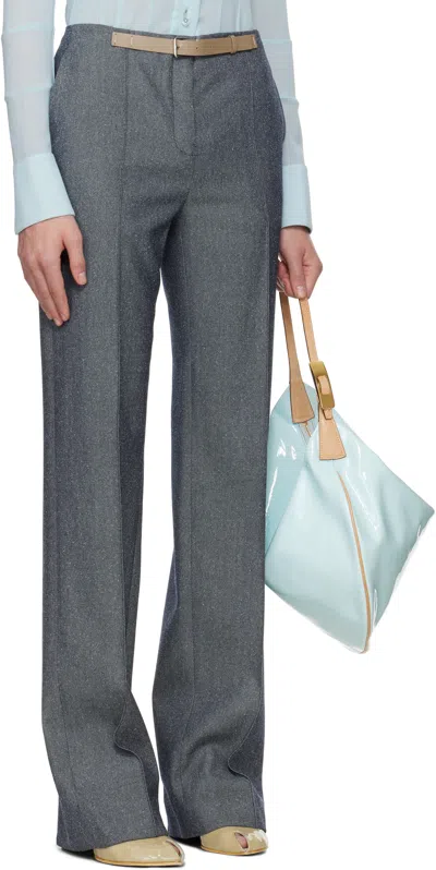 Tory Burch Gray High Waisted Wool Trousers In Squid Ink Ground/fro