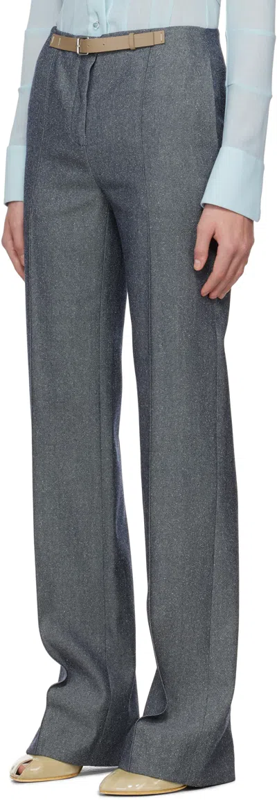 Tory Burch Gray High Waisted Wool Trousers In Squid Ink Ground/fro