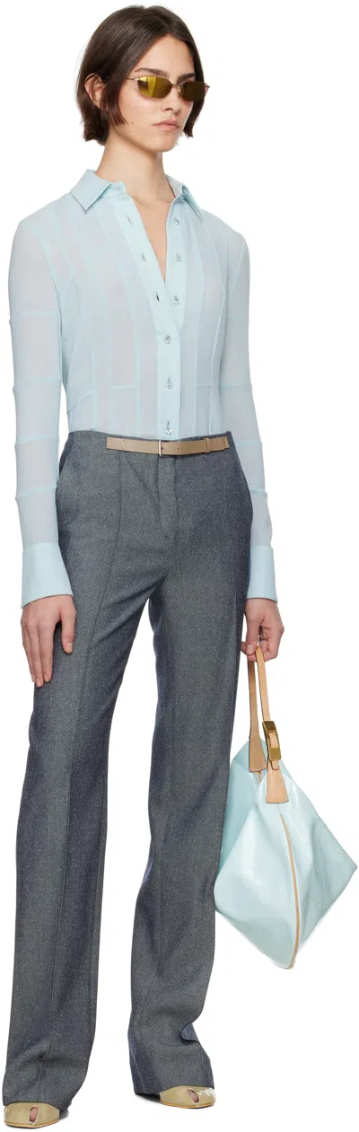 Tory Burch Gray High Waisted Wool Trousers In Squid Ink Ground/fro