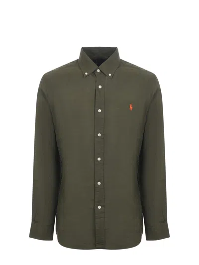 Polo Ralph Lauren Button-down Collar Logo-embroidered Linen Shirt In Green