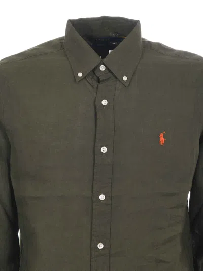 Polo Ralph Lauren Button-down Collar Logo-embroidered Linen Shirt In Green