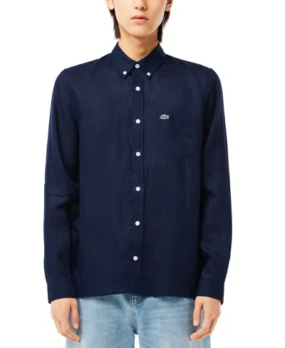 Lacoste Embroidered Crocodile Detail Blue Lino Shirt In Black