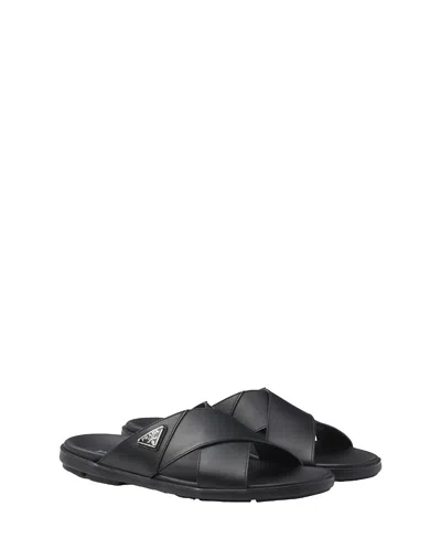 Prada Triangle Logo Criss-cross Sandals In Black