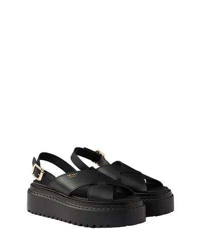 Prada Leather Platform Sandals In Black