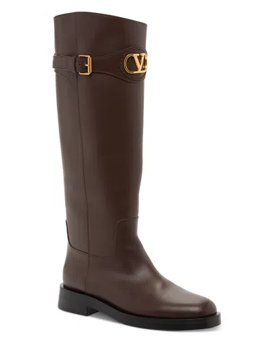 Valentino Garavani Leather Signature Vlogo Riding Boots 30 In Brown