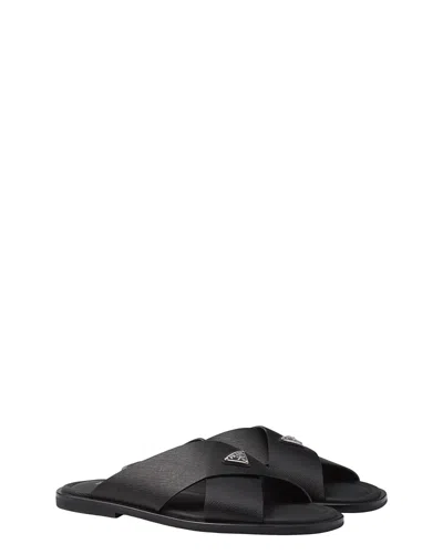 Prada Crisscross Logo-triangle Leather Sandals In Black