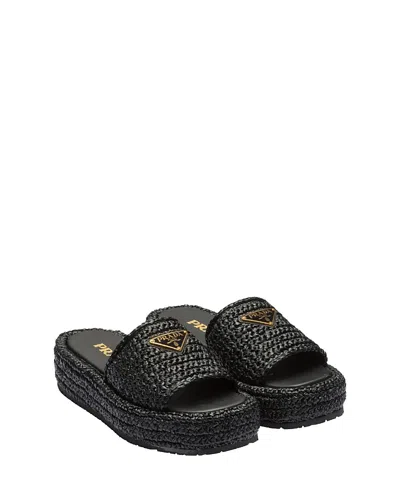 Prada Crochet Wedge Slides In Black