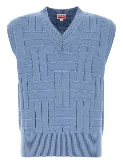 Kenzo Cotton Vest With Ribbed Hem And Textured Pattern In Blue