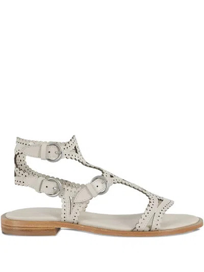 Ash Round Toe Leather Sandals With Perforated Design In White