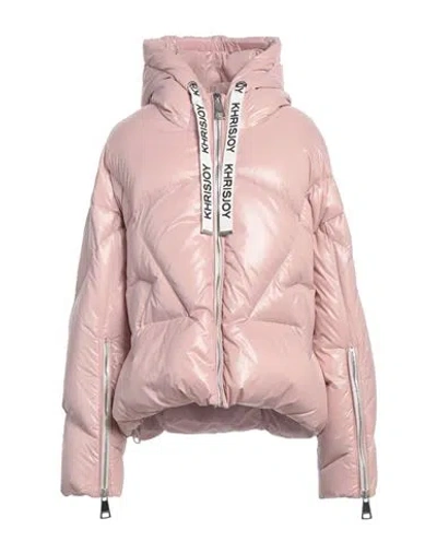 Khrisjoy Cozy Puffer Jacket With Drawstring Hood And Shiny Finish In Pink