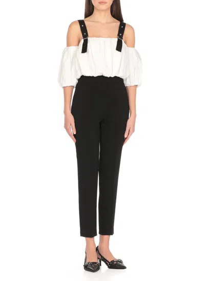 Pinko Cropped Beige Top With Puff Sleeves And Adjustable Straps In White