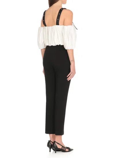 Pinko Cropped Beige Top With Puff Sleeves And Adjustable Straps In White