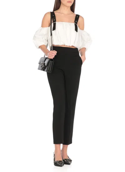 Pinko Cropped Beige Top With Puff Sleeves And Adjustable Straps In White