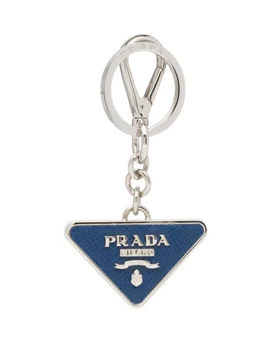 Prada Navy Blue Logo Keychain In White