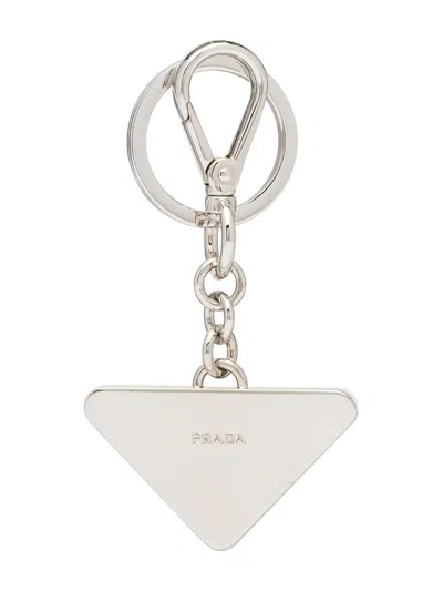 Prada Navy Blue Logo Keychain In White