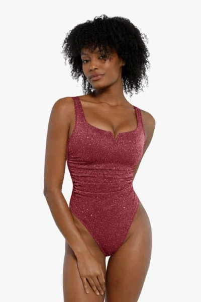 Popilush Shapewear Ruched Metallic Knit Square Neck Slimming Bodysuit In Ruby