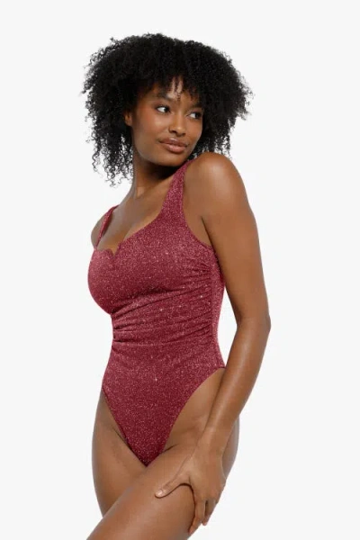 Popilush Shapewear Ruched Metallic Knit Square Neck Slimming Bodysuit In Ruby
