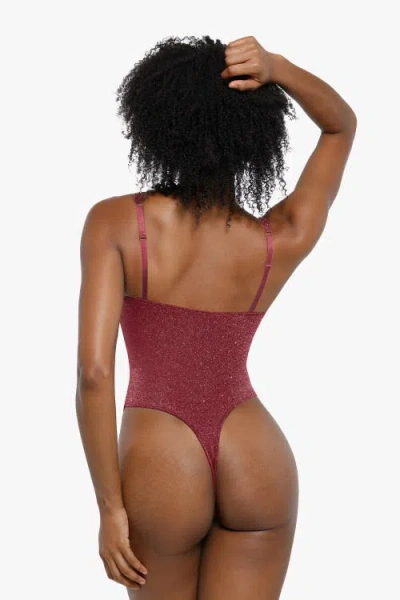 Popilush Shapewear Ruched Metallic Knit Square Neck Slimming Bodysuit In Ruby