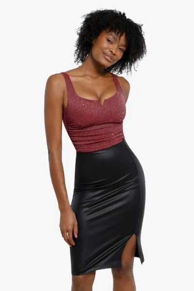 Popilush Shapewear Ruched Metallic Knit Square Neck Slimming Bodysuit In Ruby