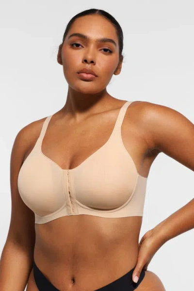 Shapellx Wireless Front-hook Back Smooth Bra In Warm Sand