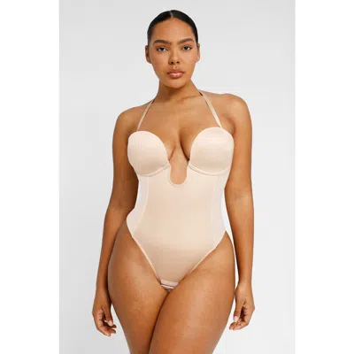 Shapellx Airslim Deep Plunge Low-back Thong Bodysuit In Buttercream
