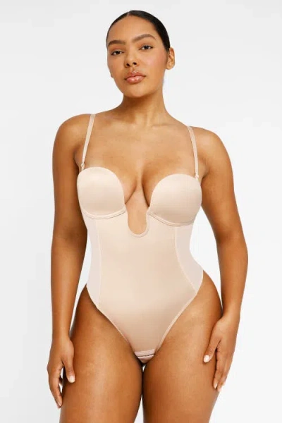 Shapellx Airslim Deep Plunge Low-back Thong Bodysuit In Buttercream