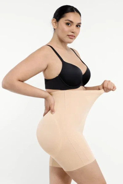 Shapellx Tummy Control Flawless Smoothing Mid-thigh Shorts In Khaki Beige