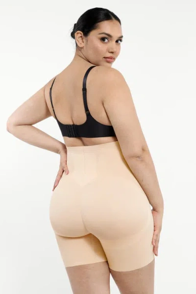Shapellx Tummy Control Flawless Smoothing Mid-thigh Shorts In Khaki Beige
