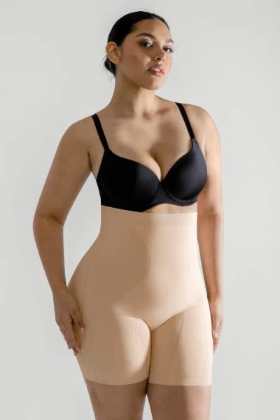 Shapellx Tummy Control Flawless Smoothing Mid-thigh Shorts In Khaki Beige