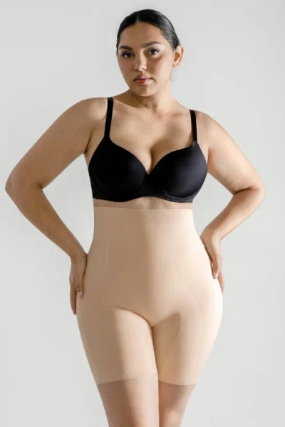 Shapellx Tummy Control Flawless Smoothing Mid-thigh Shorts In Khaki Beige