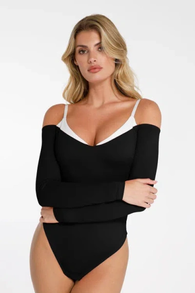 Popilush Shapewear Long Sleeve Cold Shoulder Tummy Control Bodysuit In Standard Black