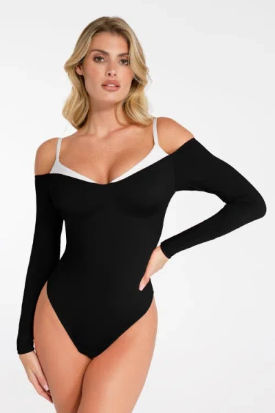 Popilush Shapewear Long Sleeve Cold Shoulder Tummy Control Bodysuit In Standard Black