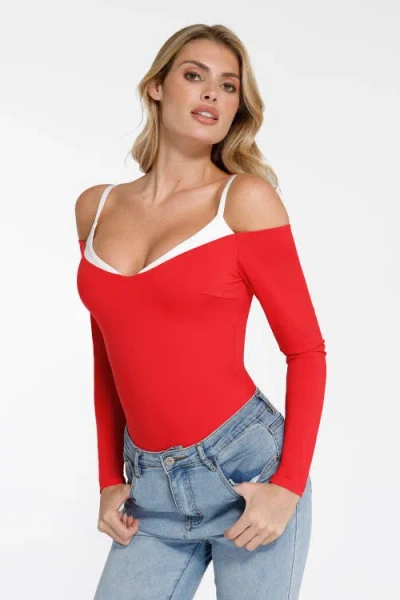 Popilush Shapewear Long Sleeve Cold Shoulder Tummy Control Bodysuit In Rust Red