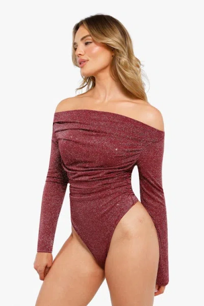 Popilush Shapewear Metallic Knit Long Sleeve Slimming Bodysuit In Ruby