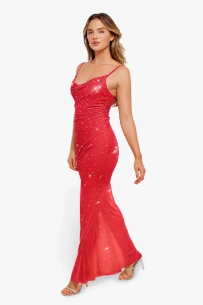 Popilush Shapewear Heat-set Crystal Mesh Slimming Maxi Slip Dress In Bright Red