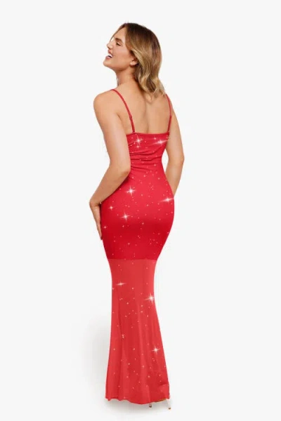 Popilush Shapewear Heat-set Crystal Mesh Slimming Maxi Slip Dress In Bright Red