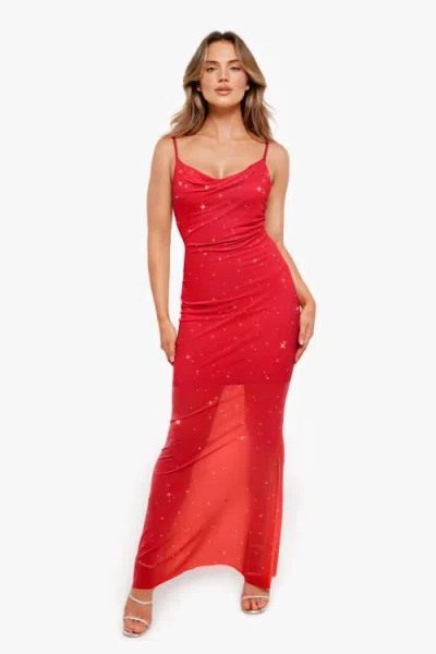 Popilush Shapewear Heat-set Crystal Mesh Slimming Maxi Slip Dress In Bright Red