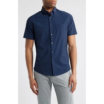 Mizzen + Main Mizzen+main Leeward Trim Fit Neat Short Sleeve Stretch Button-up Shirt In Navy Dotted Leaf