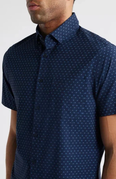 Mizzen + Main Mizzen+main Leeward Trim Fit Neat Short Sleeve Stretch Button-up Shirt In Navy Dotted Leaf