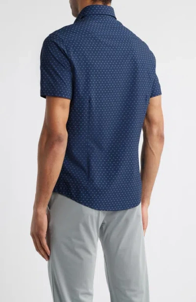 Mizzen + Main Mizzen+main Leeward Trim Fit Neat Short Sleeve Stretch Button-up Shirt In Navy Dotted Leaf