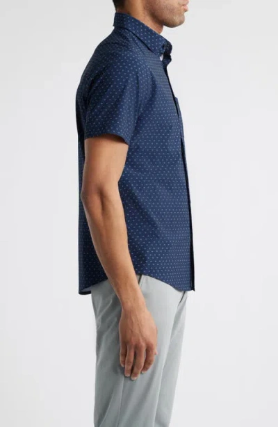 Mizzen + Main Mizzen+main Leeward Trim Fit Neat Short Sleeve Stretch Button-up Shirt In Navy Dotted Leaf