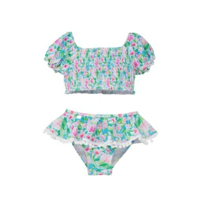 Flap Happy Girl's  Upf 50+ Gemma Two Piece Pom-pom Swimsuit In Lotus & Lillies