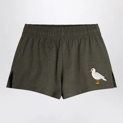 Mini Rodini Washed Black Shorts With Seagull Embroidery In Green