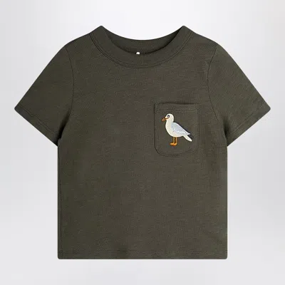 Mini Rodini Faded Black T-shirt With Seagull Embroidery