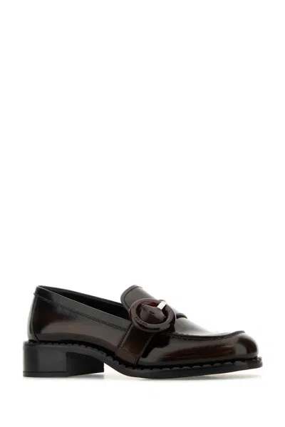Prada Block Heel Loafers Round Buckle In Brown