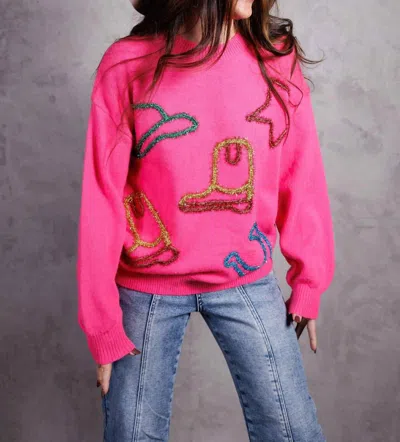 BLUE B WOMEN'S METALLIC YARN STAR COWBOY PULLOVER SWEATER IN PINK 